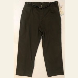Belted Green Twill Stretch Textured Pants NEW